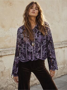 Phase Eight Y2K Sheer Embroidered Mesh Boho Top Purple Black Medium